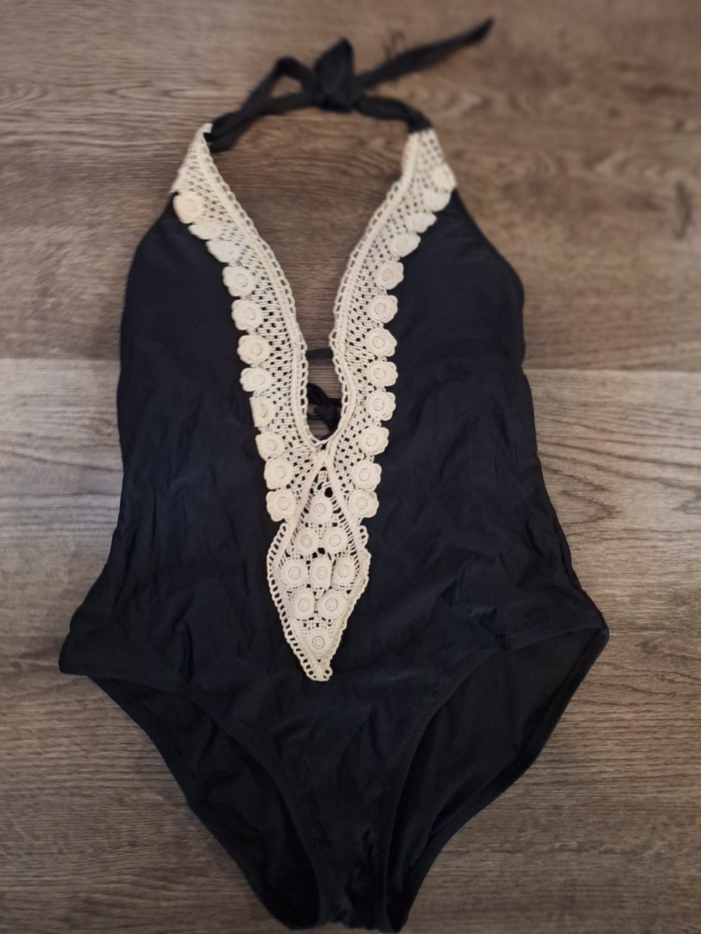 Kona Sol Black One-Piece Swimsuit with Cream Crochet Detail